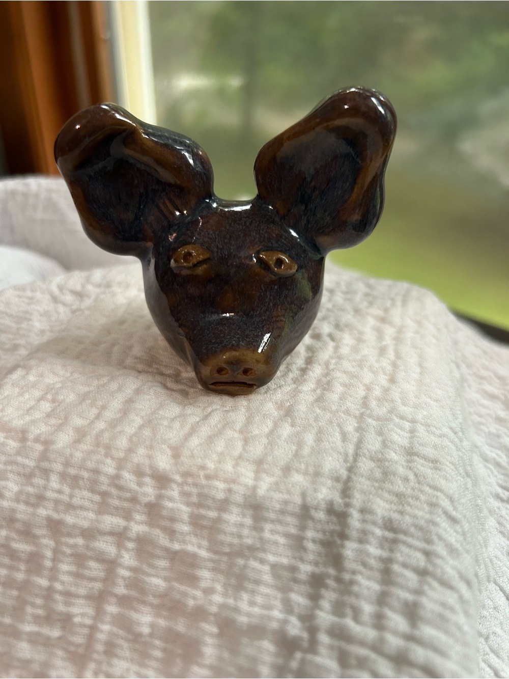 Glazed Ceramic Animal Head Figurine in Dark Brown